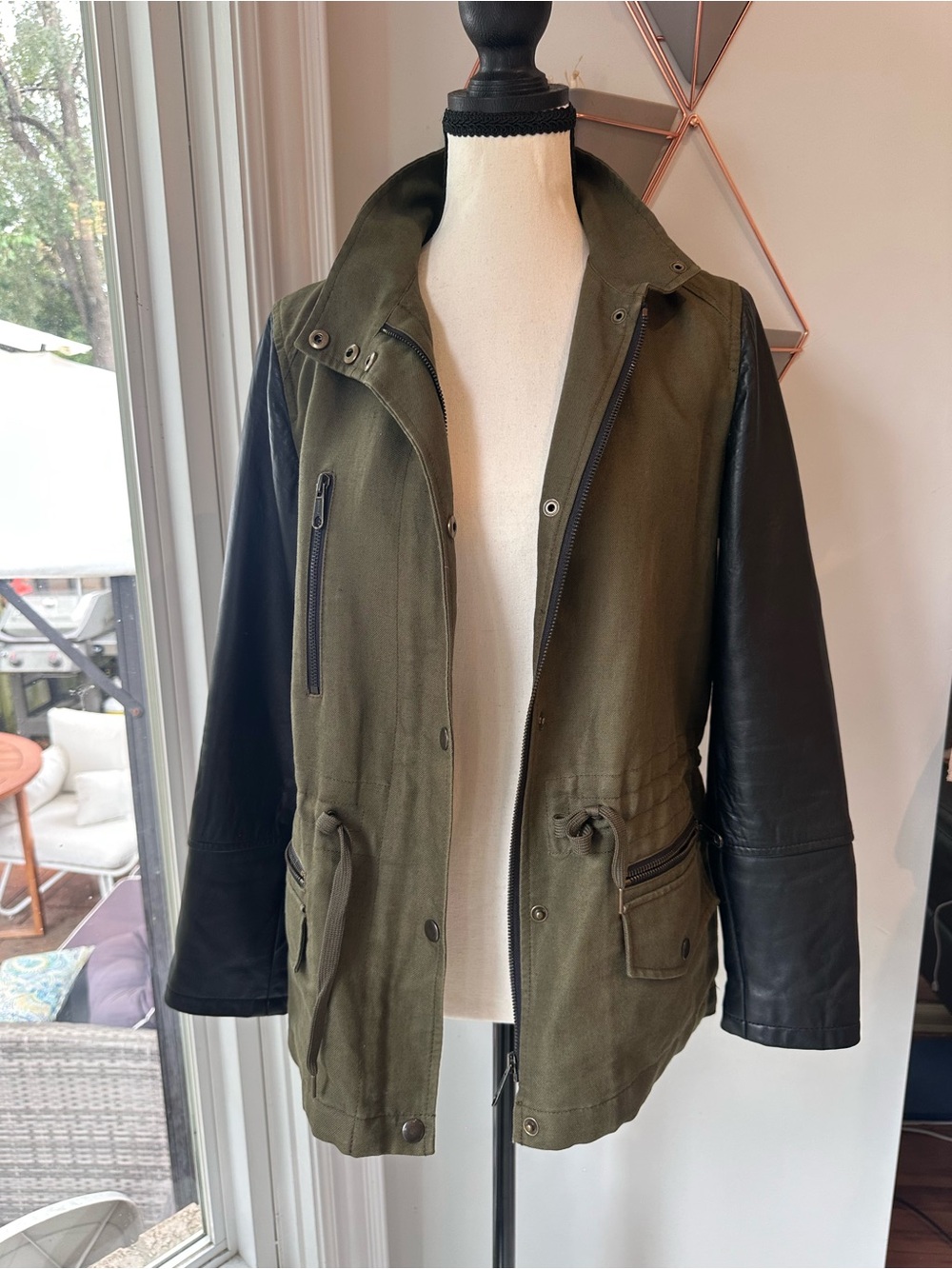 CLUB MONACO VTG Y2K Utility Field Jacket Black Leather Sleeves Olive Green Small